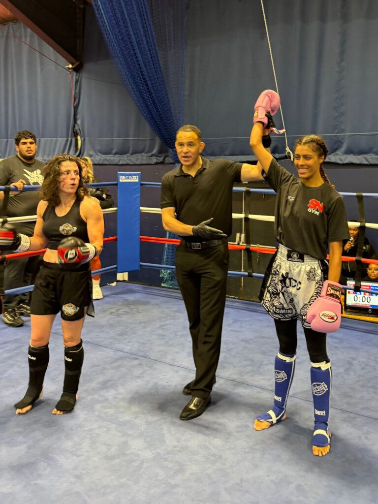 Yasmin Ahmed wins her bout on the way to the ISKA Adult British Muaythai championships